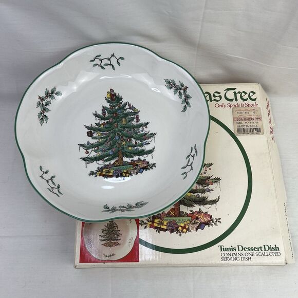 Vintage‎ Spode Christmas Tree England Tunnis Dessert Serving Dish Scalloped - Picture 1 of 7